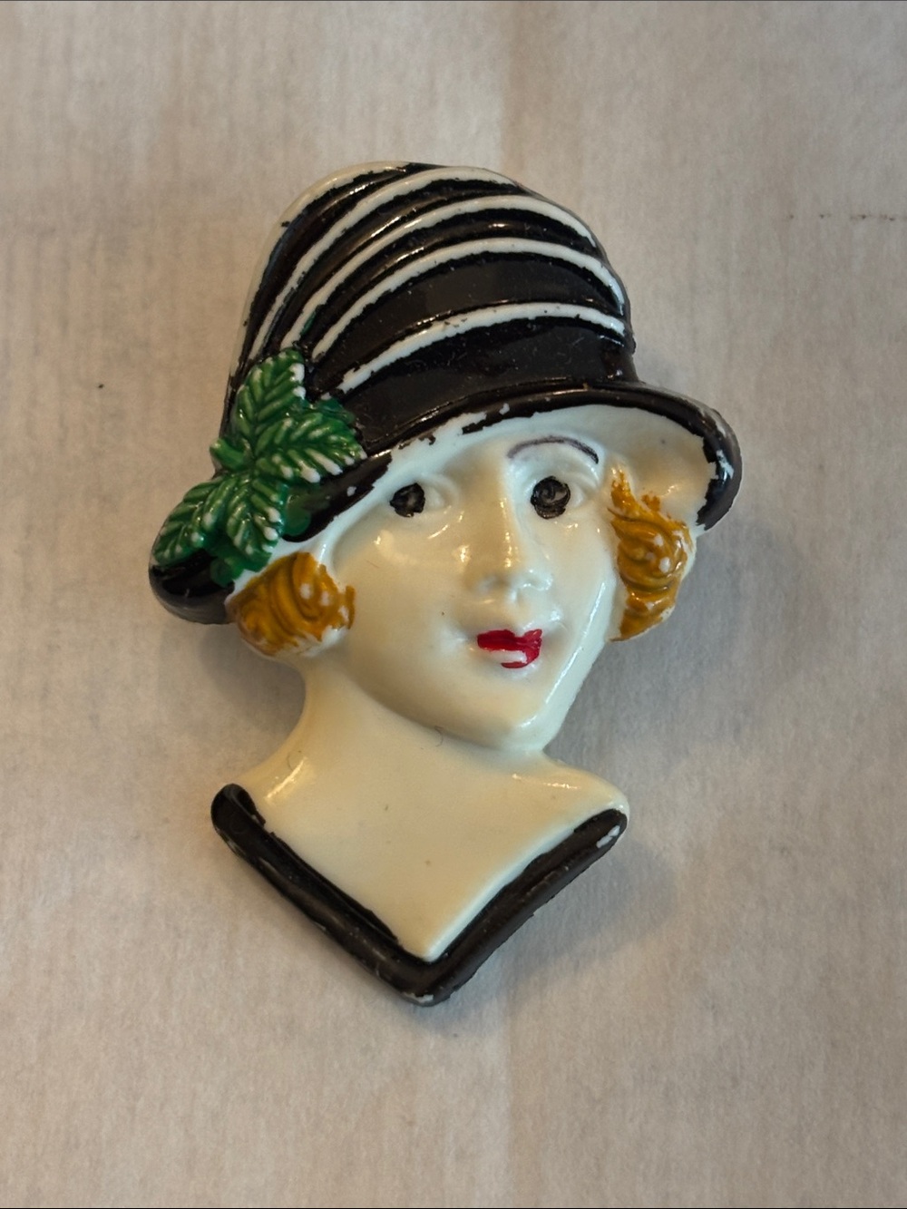 Vintage-Inspired Black & White Lady Hat Brooch with Green Accent